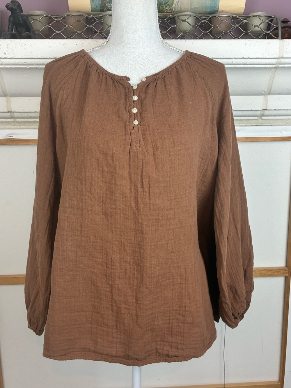 Brown Muslin Button-Neck Peasant Cottage Prairie Blouse w/ elastic cuffs & puffs